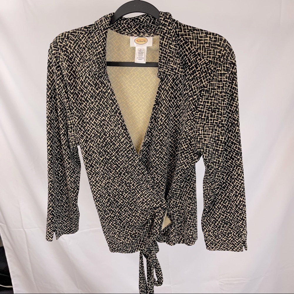 Talbots Black and Cream Print Nineties Office Plunge Wrap Adjustable Top Blouse